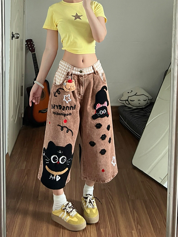 卡通猫咪牛仔七分裤女夏新款宽松毛巾刺绣撞色做旧水洗阔腿短裤子