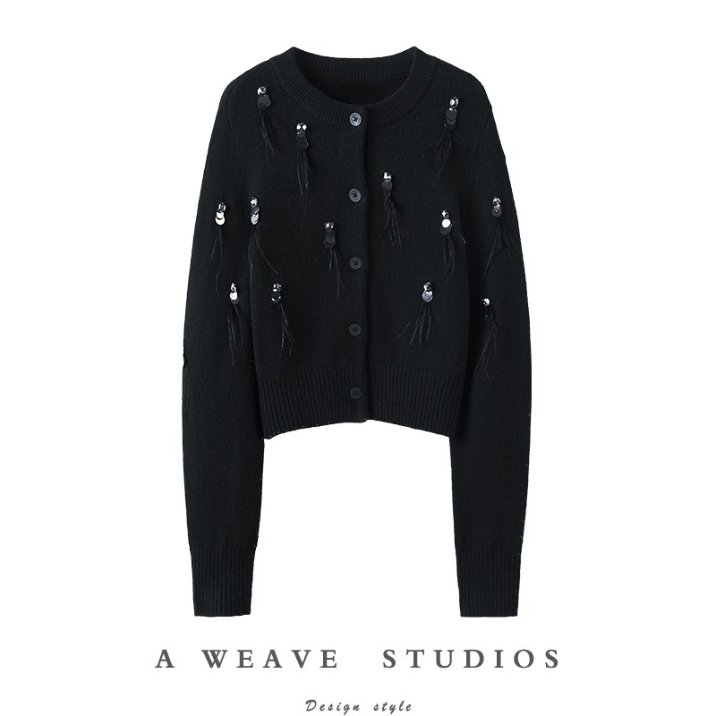 时髦风向标!新款纯色亮片流苏装饰时尚长袖针织羊绒衫圆领开衫女