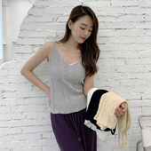 亚麻质感条纹菱格V领 内搭吊带针织衫 扭花小背心