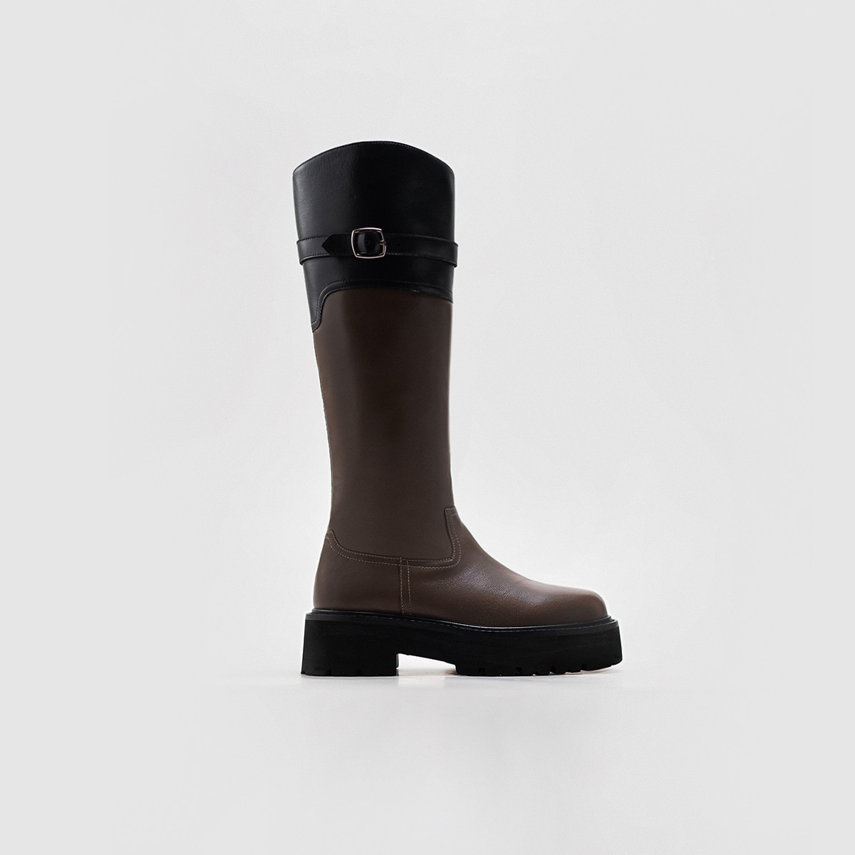 【黑巧骑士靴】头层牛皮猪皮内里拼色厚底长筒靴跟高5CM