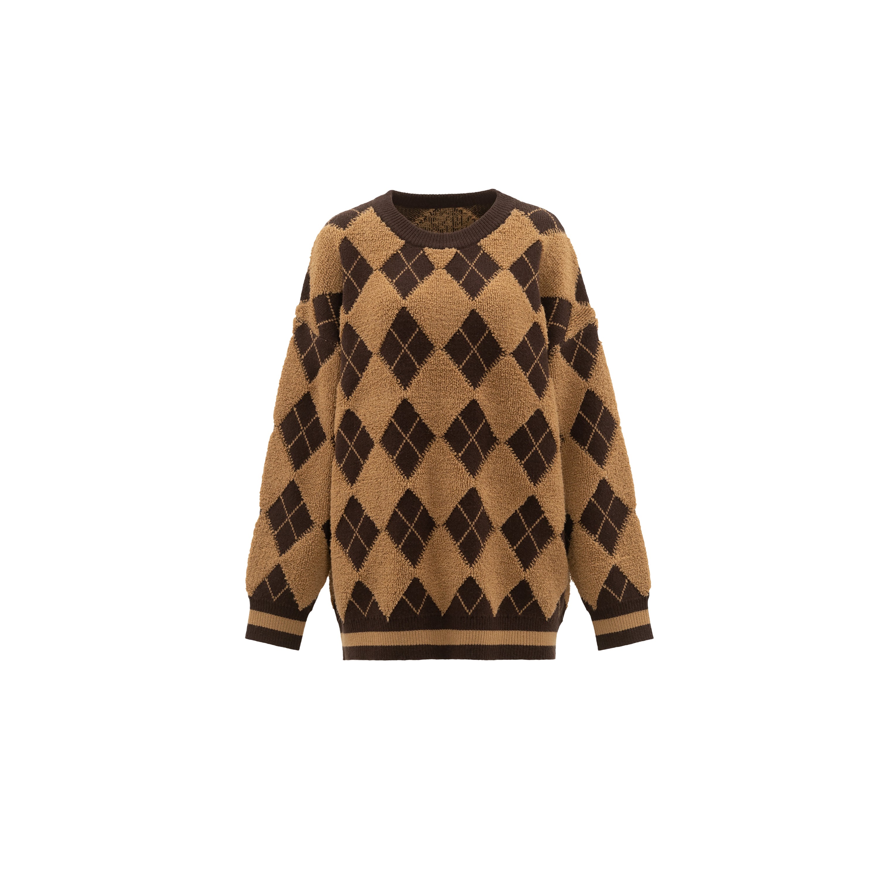 【安迪绒毛巾菱格毛衣】630g软糯撞色提花圆领针织上衣W23DI8026