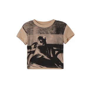 复古短款 高支弹力螺纹3D直喷印花美式 女T恤W23BA286 沙画T