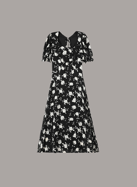 【莫奈花园】乔其纱方领后背镂空系带收腰碎花连衣裙W23BZ1086