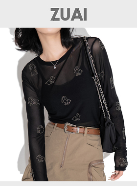 【莫斯纱】黑枪烫钻高弹美式网纱上衣高级感防晒打底衫W23AD6075