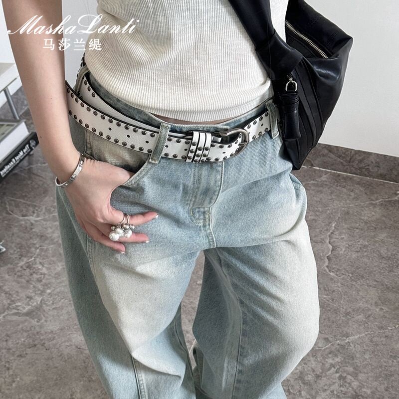 【马莎兰缇】ins复古i牛仔裤朋克铆钉宽腰带黑色白色皮带女配饰图片