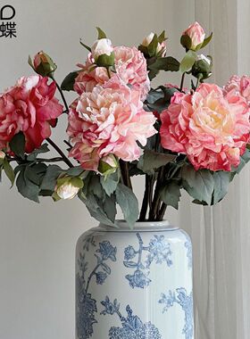 假花仿真花卉牡丹 油画焦边仿真花 3头装饰家居摆件婚庆道具