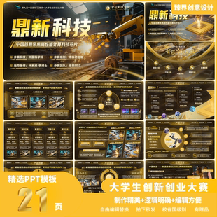大学生创赛PPT模板互联网+三创赛黄色国创赛科技感高级感机械