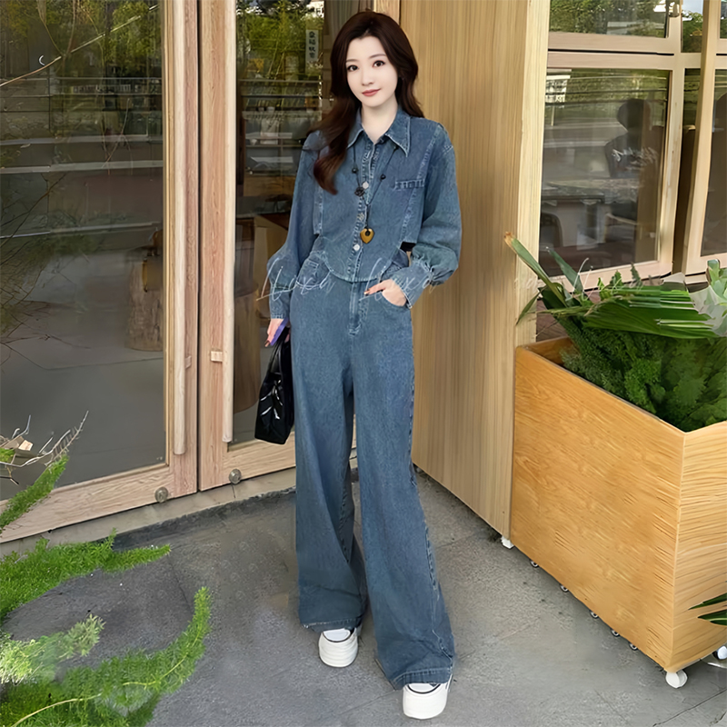 拉夏贝尔时尚牛仔套装洋气两件套