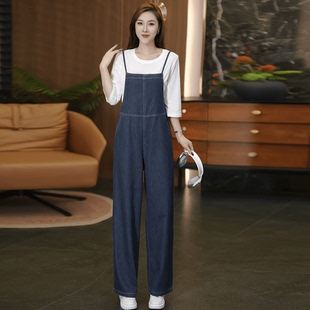 拉夏贝尔时尚牛仔背带裤套装女20256早春新款洋气T恤连体裤两件套
