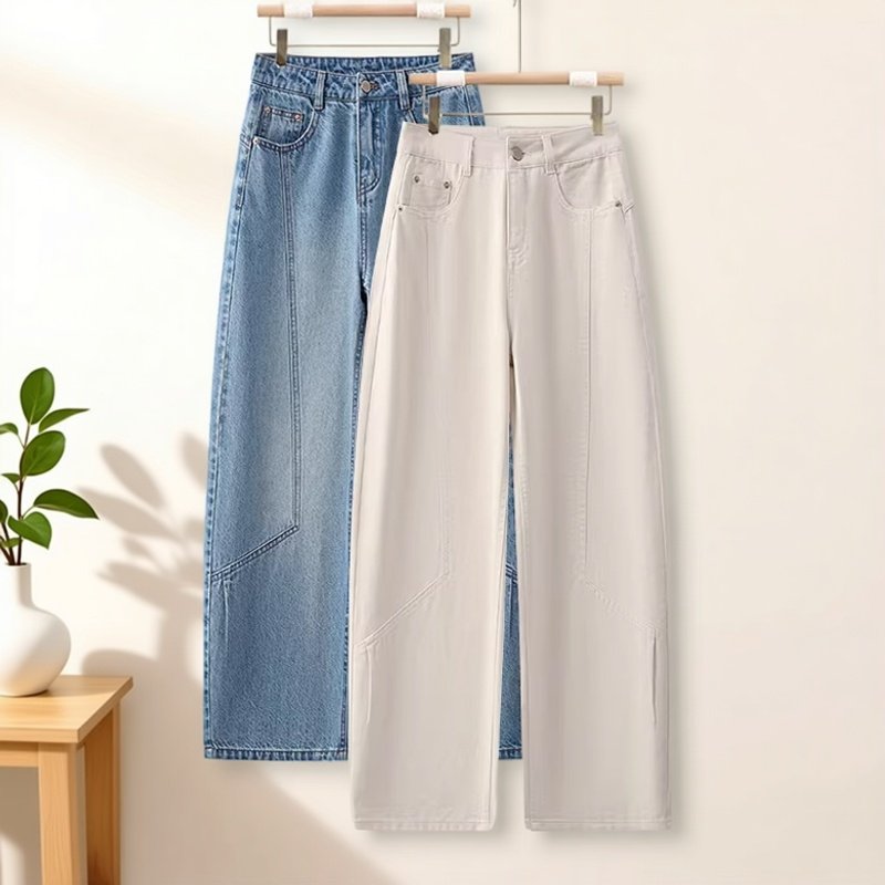 拉夏贝尔高腰直筒牛仔裤女春秋新款宽松百搭阔腿裤长裤复古弯刀裤,女装/女士精品,牛仔裤,淘宝优惠券,粉丝福利购,淘宝优惠卷