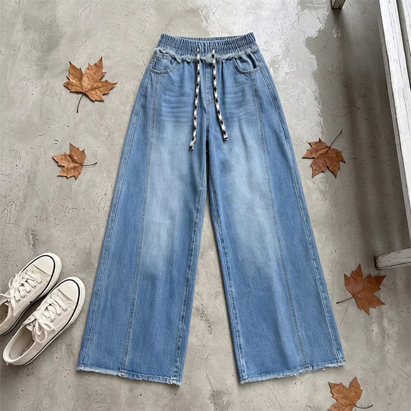 拉夏贝尔胖mm阔腿牛仔裤女2026春装毛边高腰复古宽松大码直筒裤子