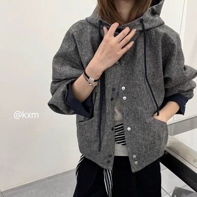 拉夏贝尔撞色连帽毛呢外套女2025