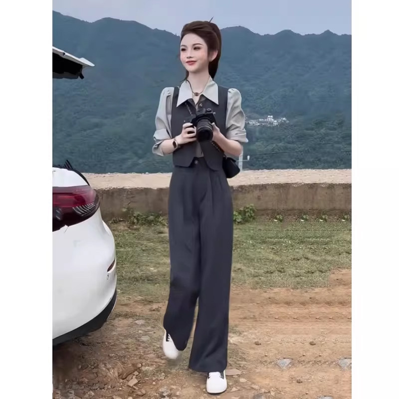 拉夏贝尔气质套装2026早春新款百搭减龄长袖衬衫马甲阔腿裤三件套