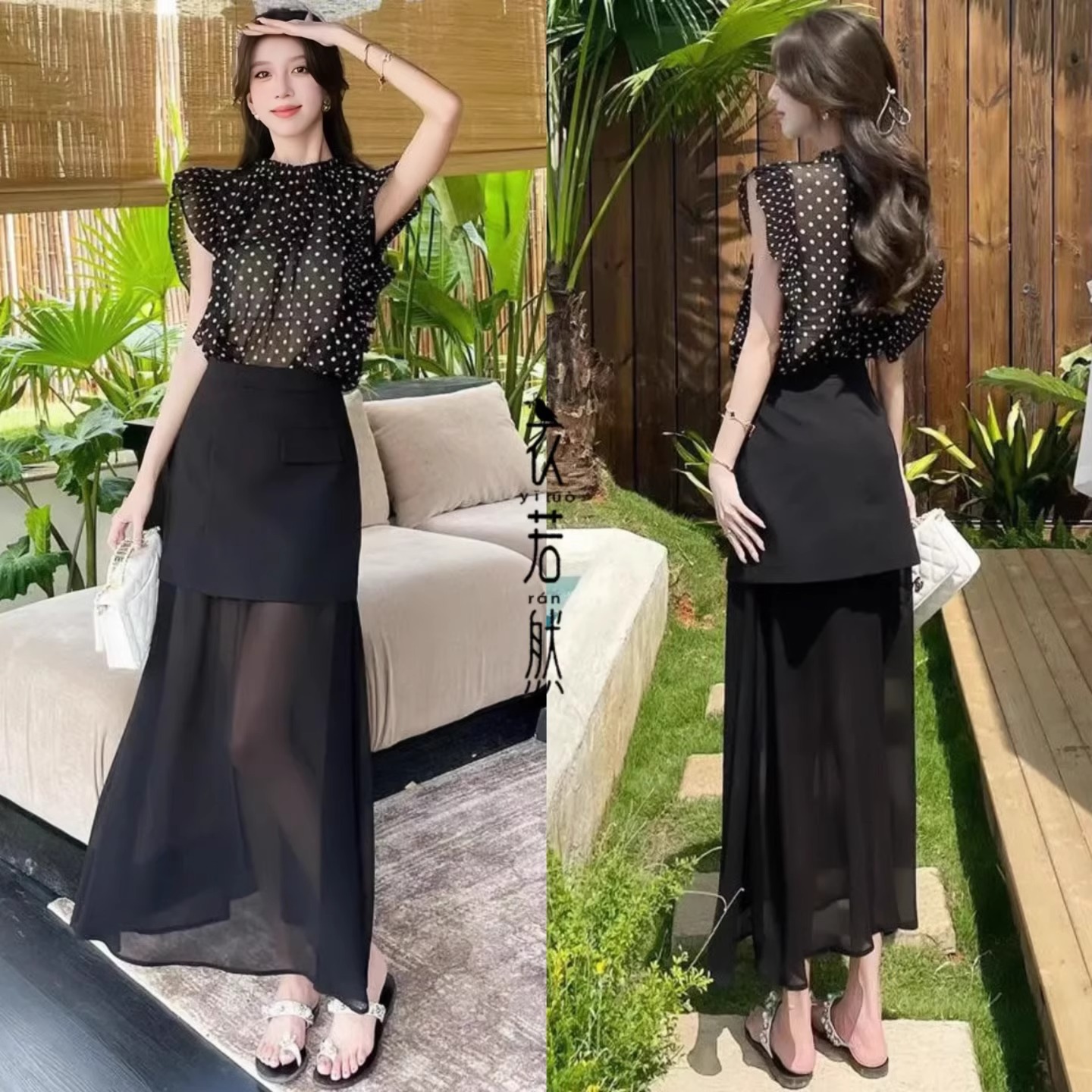 无袖波点上衣高腰半身裙两件套装