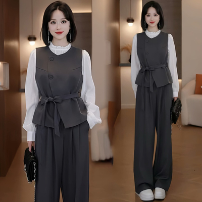 洋气马甲衬衣打底阔腿裤三件套