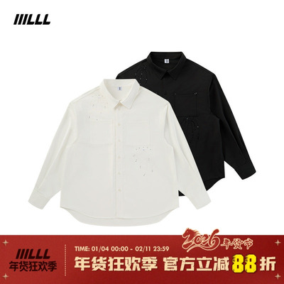 IIILLL童锦程白色衬衫男士早秋新款长袖亮片装饰翻领情侣衬衣外套