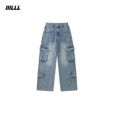 IIILLL童锦程美式复古牛仔裤男秋冬做旧水洗多口袋宽松阔腿工装裤