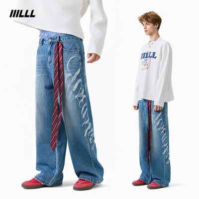 IIILLL童锦程水洗做旧破洞牛仔裤男早秋潮牌直筒宽松蓝色磨毛长裤