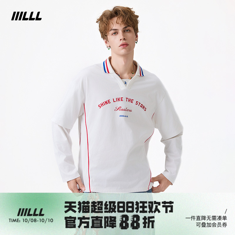 IIILLL童锦程 长袖T恤男秋假两件卫衣美式宽松印花polo衫上衣女潮