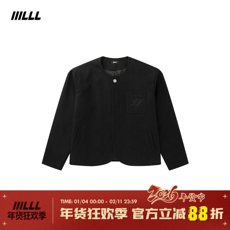 IIILLL童锦程黑色毛呢西装外套男款冬季高级感无领夹棉休闲夹克,男装,休闲西服,淘宝优惠券,粉丝福利购,淘宝优惠卷