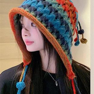 针织帽冬帽日系时尚百搭护耳毛线帽女彩色球球流苏手工秋冬保暖包