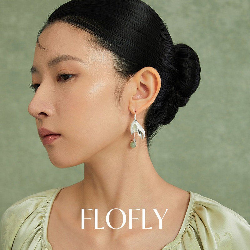 花与蝶青玉白兰耳环耳饰女新中式国风汉服耳环配旗袍耳坠耳钩
