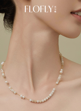 花与蝶轻奢高级天然月光石珍珠小方糖项链银锁骨链毛衣链秋冬百搭