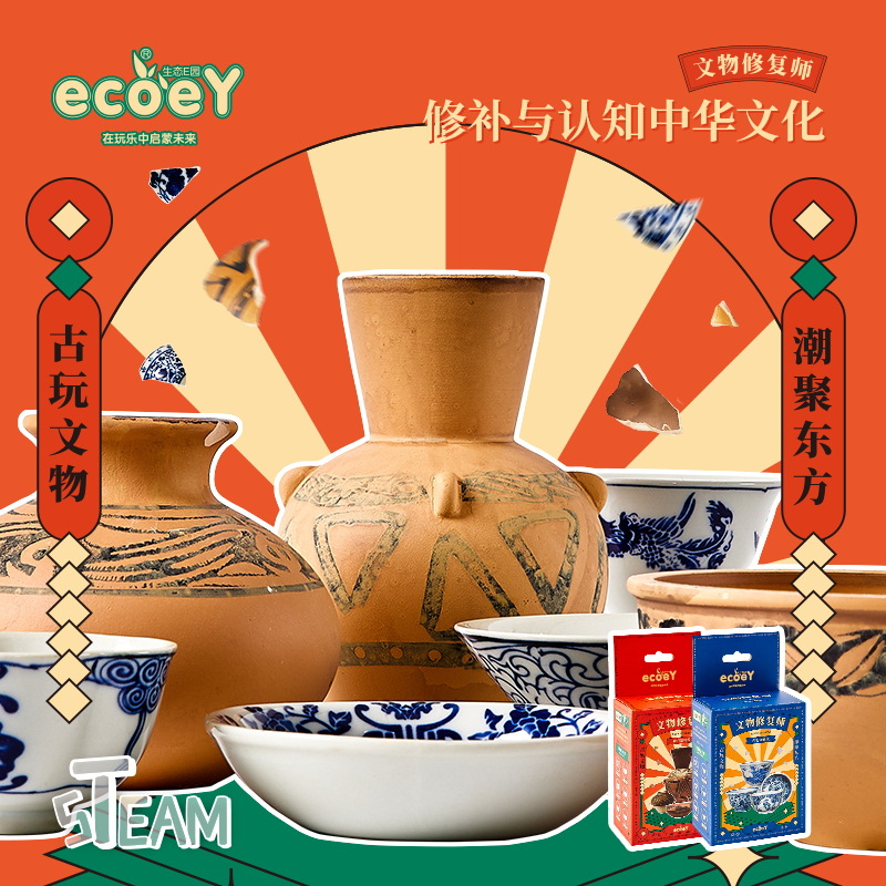 ecoey文物修复师考古盲盒青花瓷红淘博物院手工diy文创玩具礼物