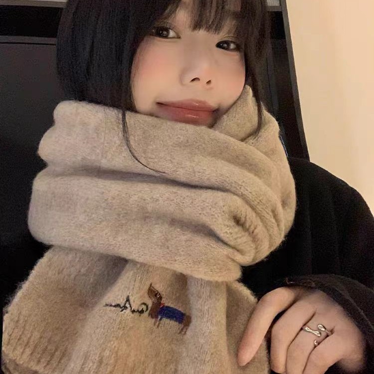 韩系保暖围巾女秋冬季刺绣小狗围巾氛围学生护颈纯色针织毛线围脖