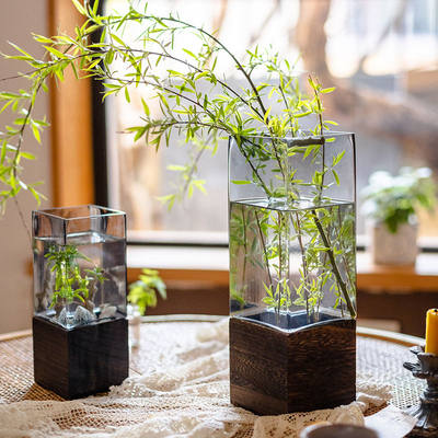 掬涵方口木托玻璃花瓶摆件透明水养鲜花干花客厅餐桌插花装饰花器