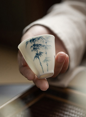 明知山志玉泥青花竹逸品茗杯功夫茶具陶瓷釉上手绘单杯家用喝茶杯
