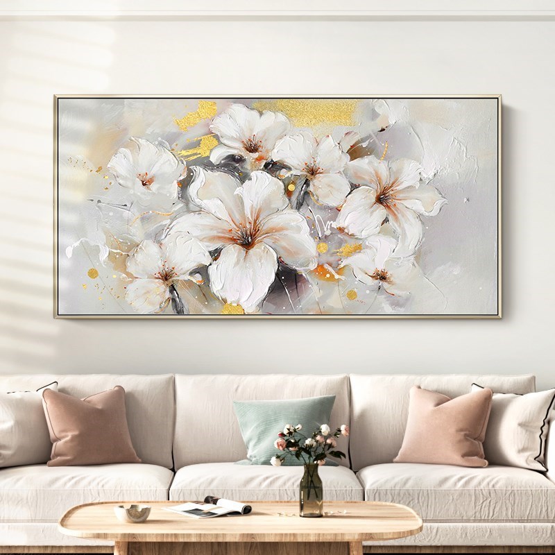 现货简约纯手绘油画客厅沙发挂画花卉横版卧室壁画别墅轻奢装饰画图片
