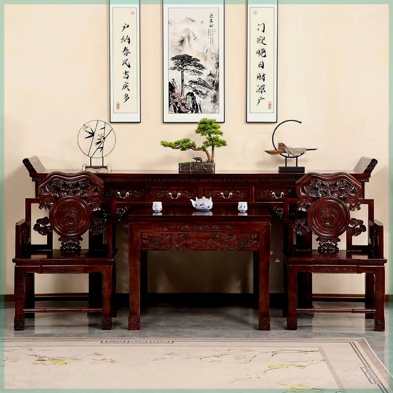 老榆木中堂六件套实木灵芝椅八仙桌供桌中式条案桌农村堂屋香火桌
