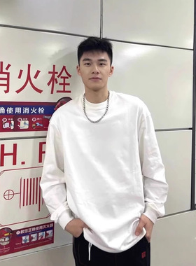 300g美式重磅纯棉束口基础款白色秋季圆领打底衫男士内搭长袖上衣