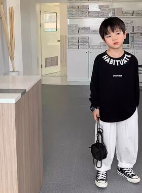 日常风夏新品美式简约风圆领字母印花长袖T恤男黑色宽松上衣潮牌