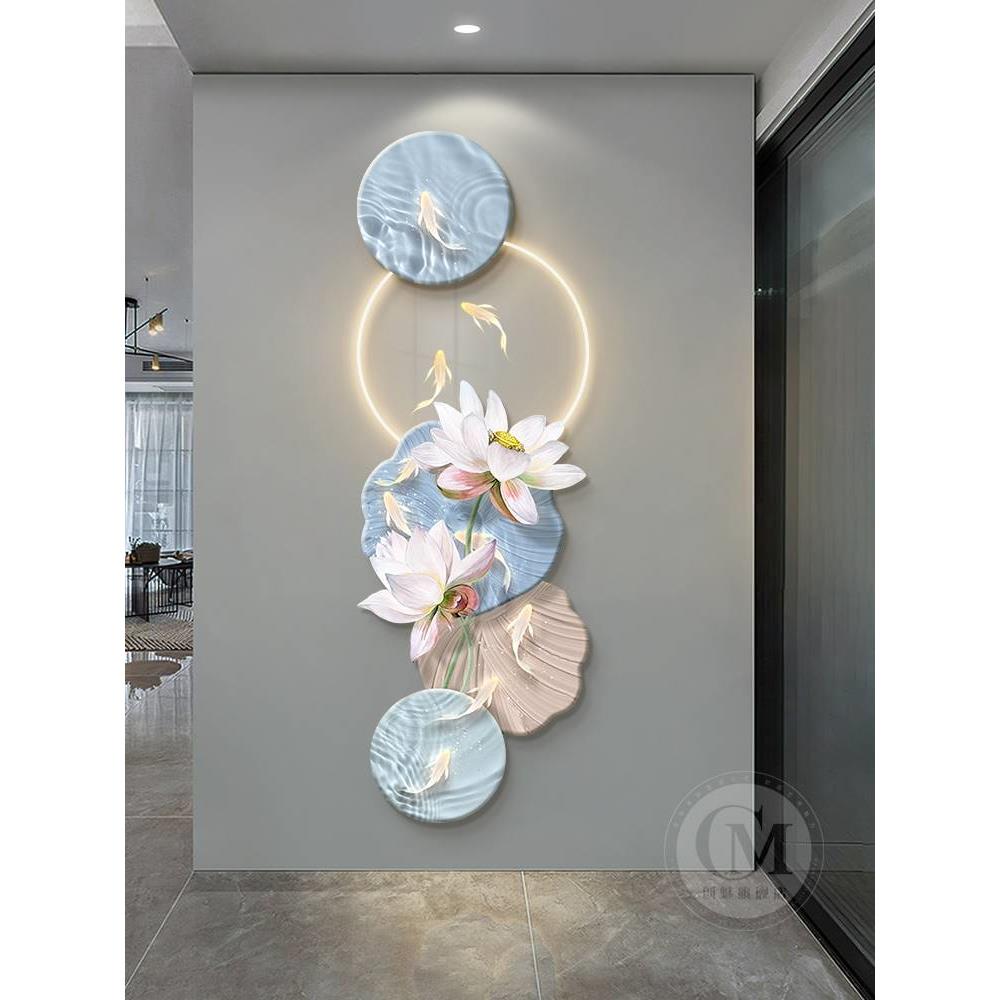 现代九鱼图入户玄关装饰画简约抽象荷花led灯画走廊过道高级挂画图片