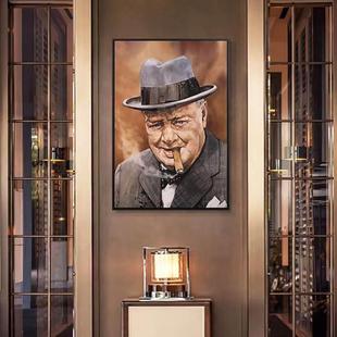 复古酒吧雪茄吧挂画丘吉尔装饰画名人海报画像工业风美式餐厅壁画