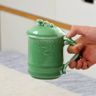 个人家用水杯中式 青瓷茶杯a男士 陶瓷带盖杯创意祥云办公高档会议