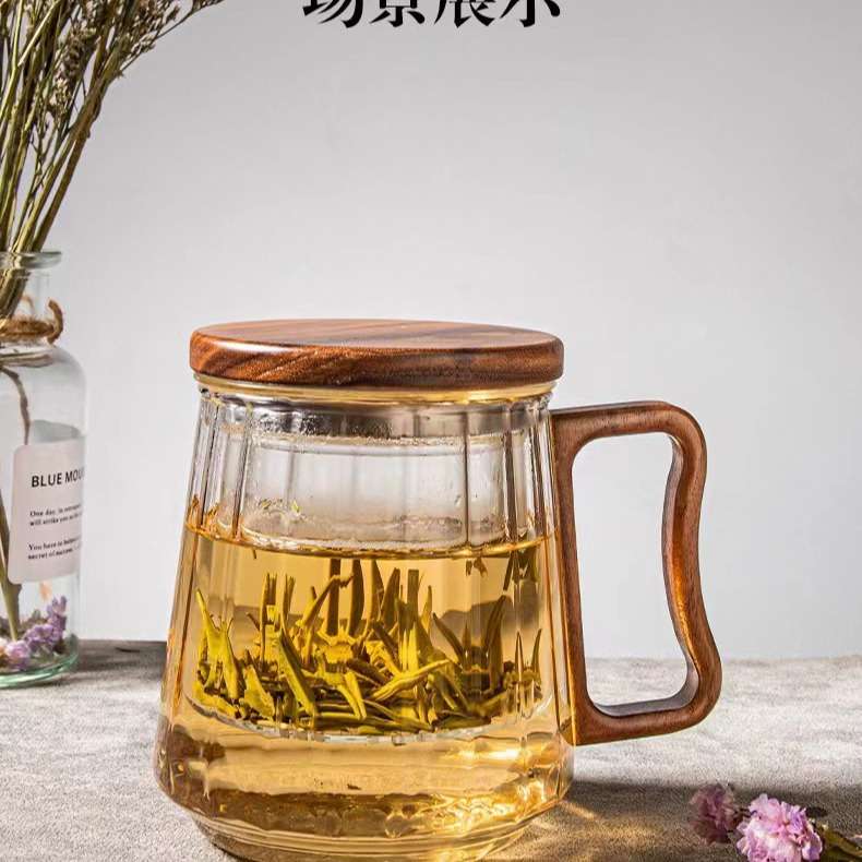 耐热高硼硅玻璃壶咖啡泡茶茶具胡桃木带盖子玻璃条纹茶杯耐高温