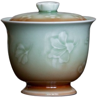 仿古手工浮雕三才盖碗q壶承陶瓷功夫茶具青瓷泡茶器家用高档茶碗