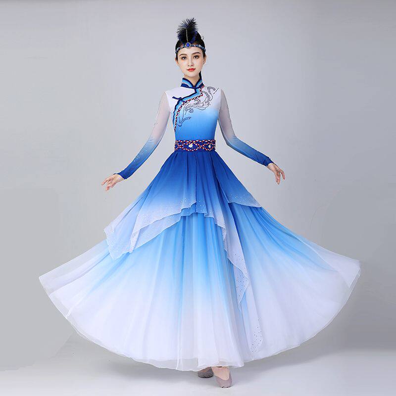 新款蒙古舞蹈服装女蓝色度大摆裙蒙古长裙鸿雁成人艺考表演服分体