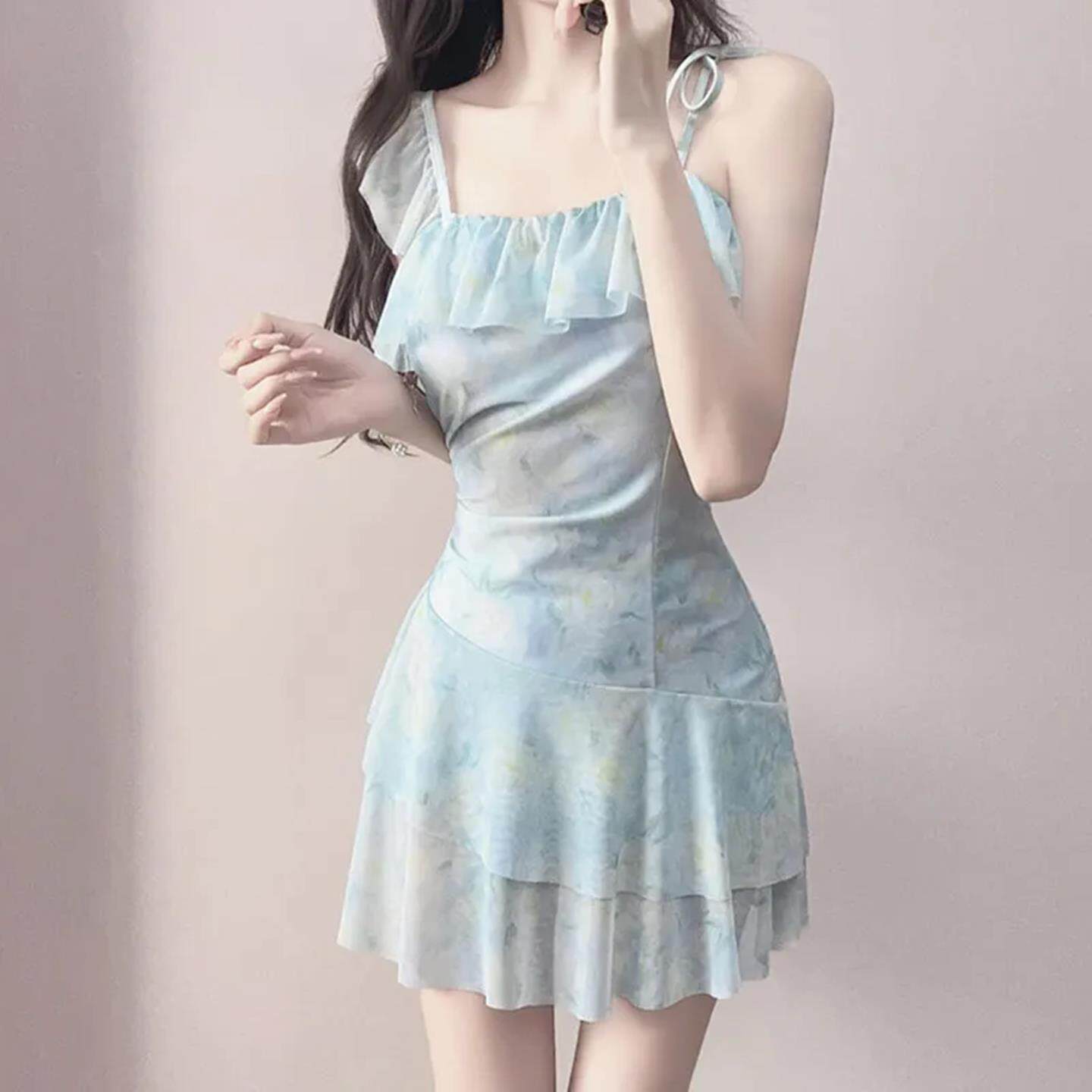 女士温泉泳衣显瘦游泳专用小个子2026绝美高级感连体泳装蓝色套装