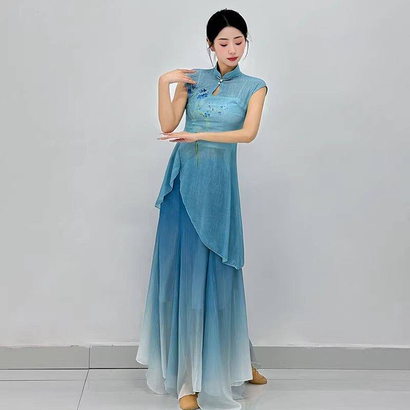 古典舞服女立领盘扣渐变大摆裙表演艺考舞蹈裙复古不规则旗袍服