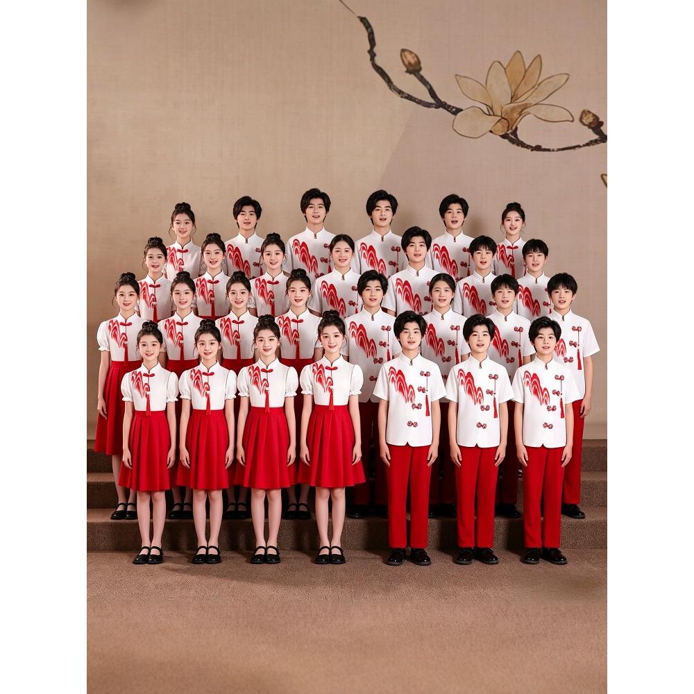 儿童合唱演出服小学生国风诗歌朗诵女童红色爱国演讲万江红领巾服
