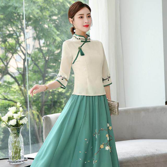 汉元素两件套裙女2019夏季改良旗袍女装汉服古风女装中国风茶服