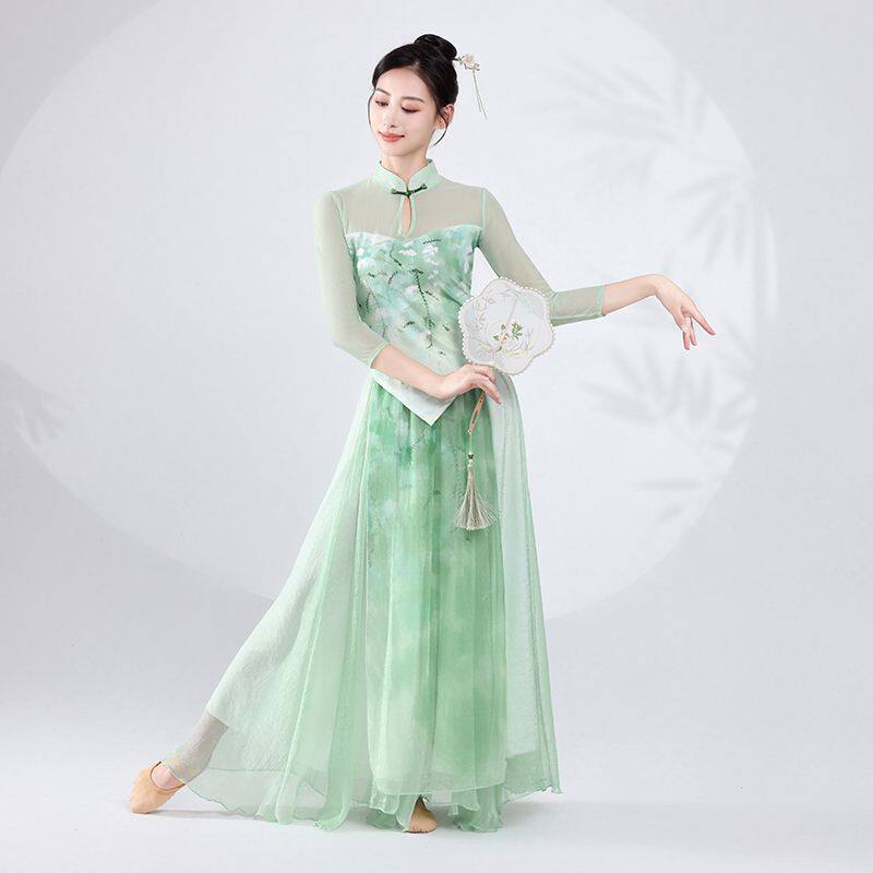新款古典舞绿飘逸旗袍舞蹈服古典舞中国风身韵纱衣练功演出服套装