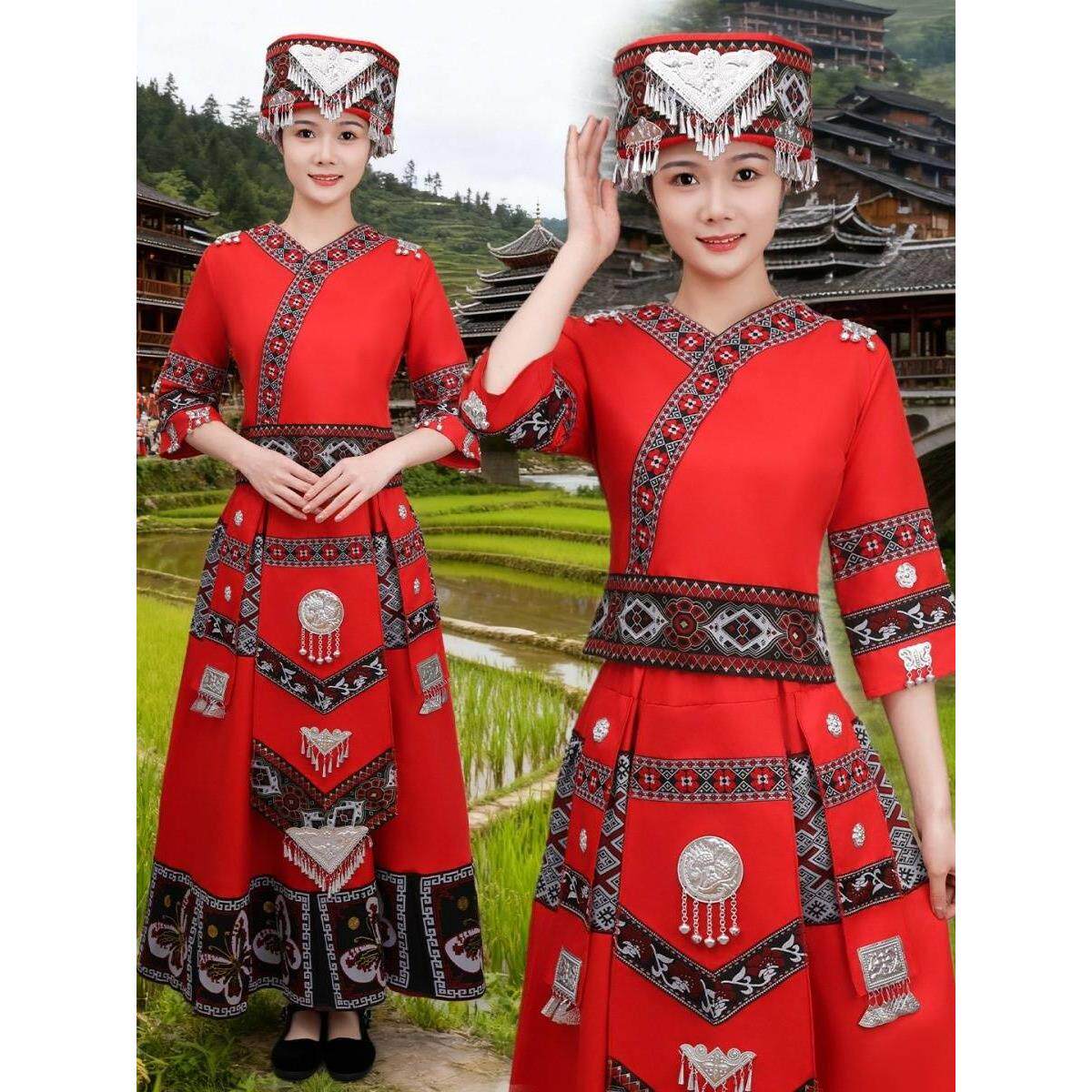 苗族服装贵州少数民族苗寨女长裙云南服饰舞蹈瑶族蝴蝶演出服旅拍