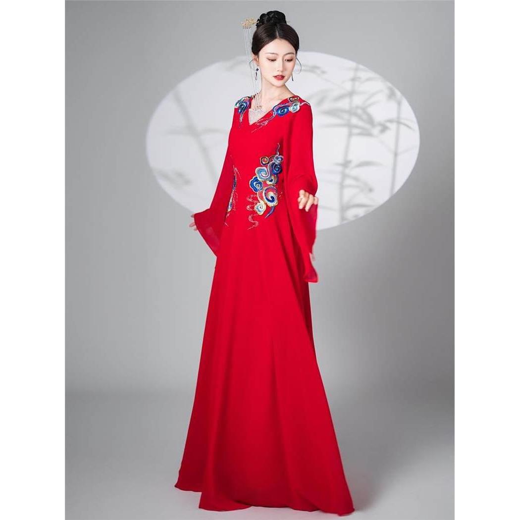 红色大合唱演出服2025新款中老年朗诵表演服修身显瘦舞台长款主持
