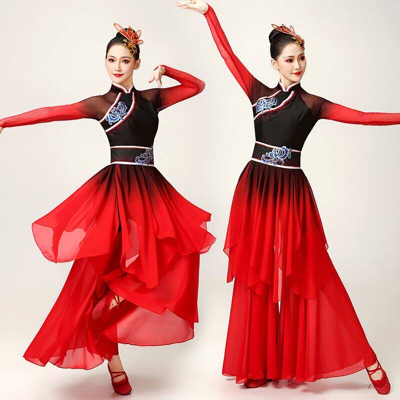 古典舞演出服女飘逸中国风现代舞练功服民族风舞蹈扇子表演服套装