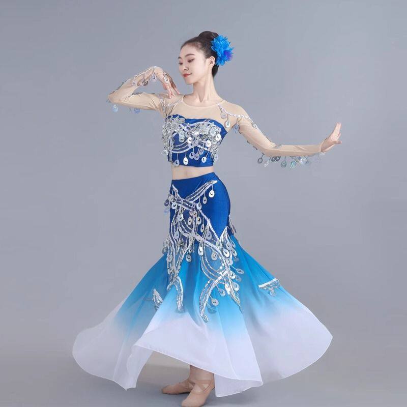 新款成人傣族舞蹈服装彩云之南孔雀舞演出服修身包臀练习艺考伞舞